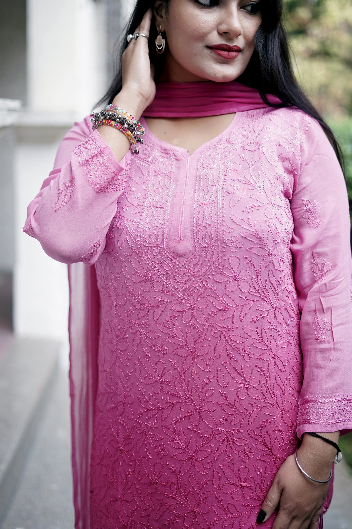 Rose Pink Ombre Viscose Hand-Embroidered Chikankari Kurta Palazzo Dupatta Set | Varnika Exclusive Chikan