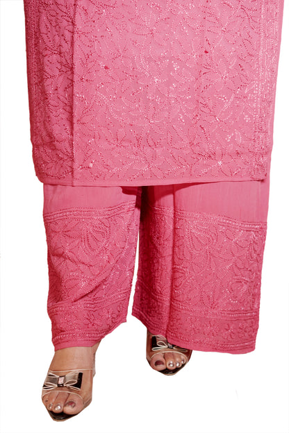 Rose Pink Ombre Viscose Hand-Embroidered Chikankari Kurta Palazzo Dupatta Set | Varnika Exclusive Chikan