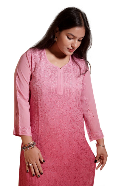 Rose Pink Ombre Viscose Hand-Embroidered Chikankari Kurta Palazzo Dupatta Set | Varnika Exclusive Chikan