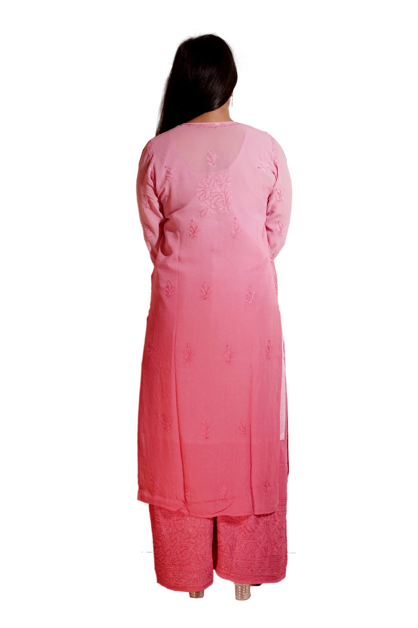 Rose Pink Ombre Viscose Hand-Embroidered Chikankari Kurta Palazzo Dupatta Set | Varnika Exclusive Chikan