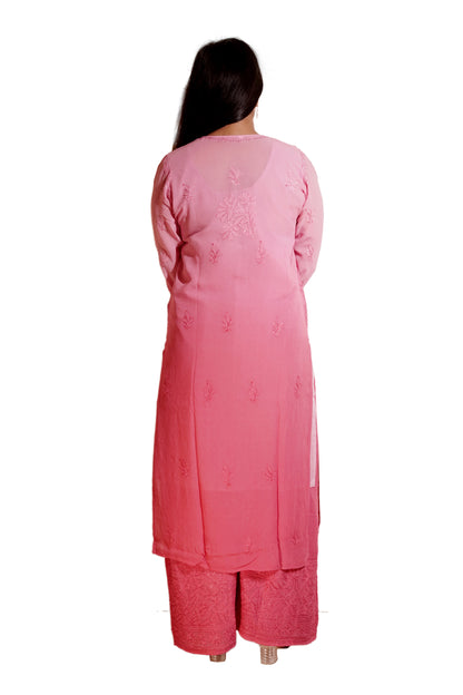 Rose Pink Ombre Viscose Hand-Embroidered Chikankari Kurta Palazzo Dupatta Set | Varnika Exclusive Chikan