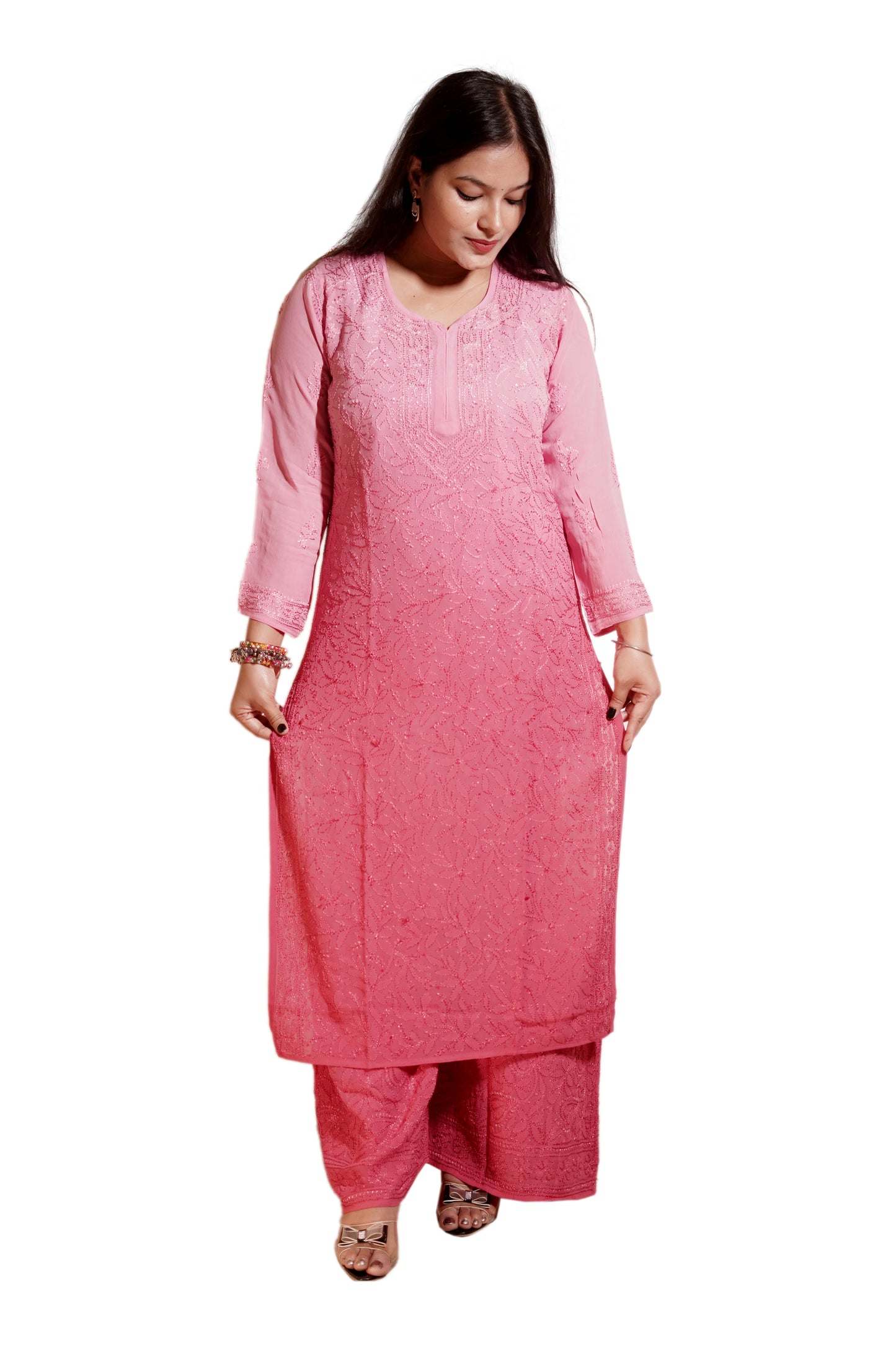 Rose Pink Ombre Viscose Hand-Embroidered Chikankari Kurta Palazzo Dupatta Set | Varnika Exclusive Chikan