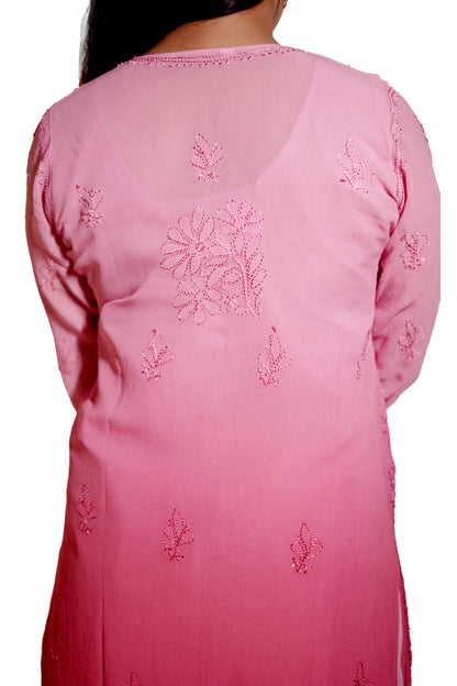 Rose Pink Ombre Viscose Hand-Embroidered Chikankari Kurta Palazzo Dupatta Set | Varnika Exclusive Chikan