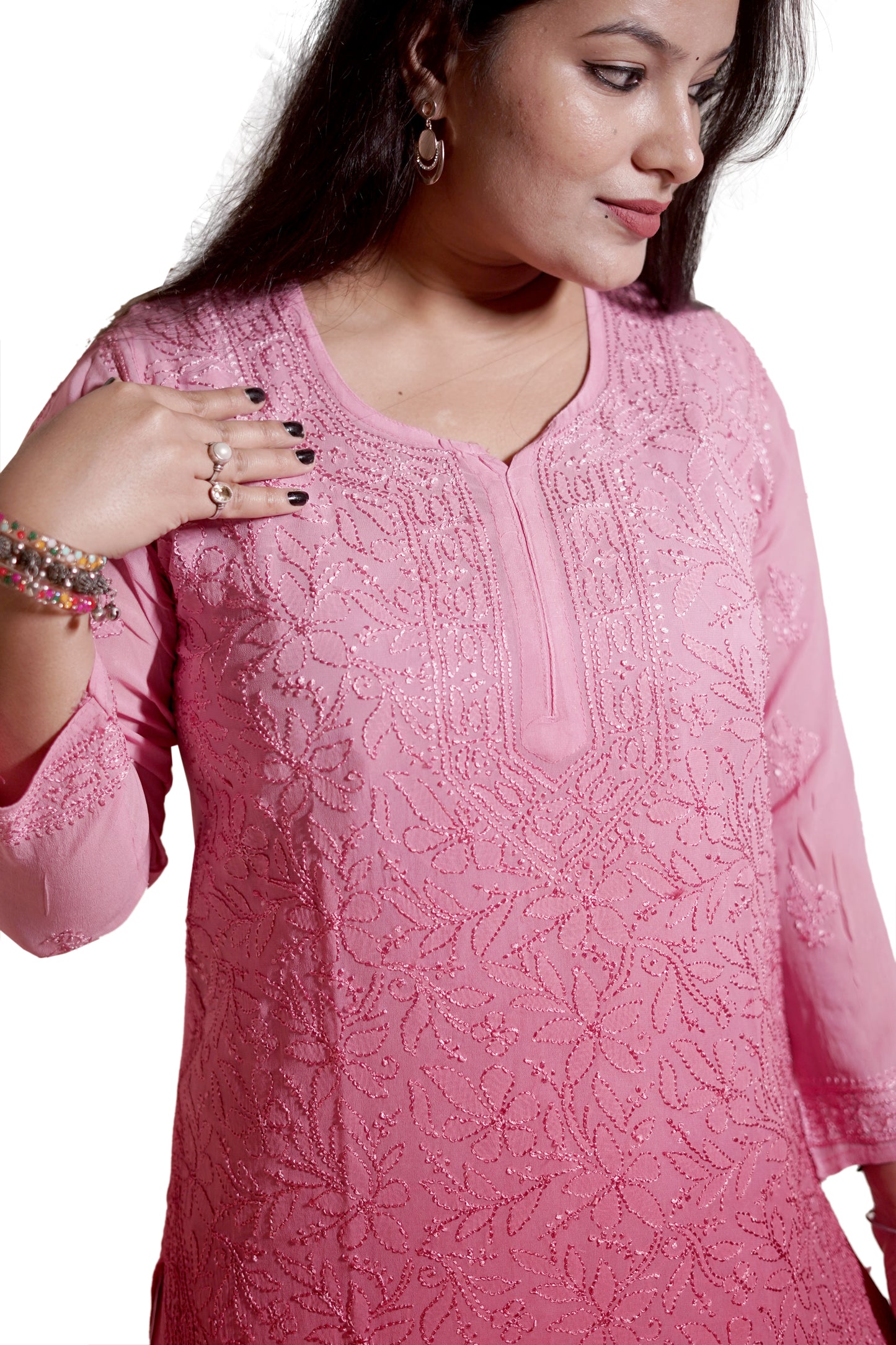 Rose Pink Ombre Viscose Hand-Embroidered Chikankari Kurta Palazzo Dupatta Set | Varnika Exclusive Chikan