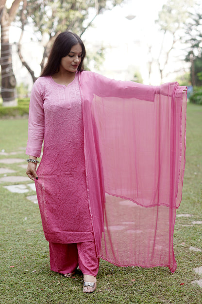 Rose Pink Ombre Viscose Hand-Embroidered Chikankari Kurta Palazzo Dupatta Set | Varnika Exclusive Chikan