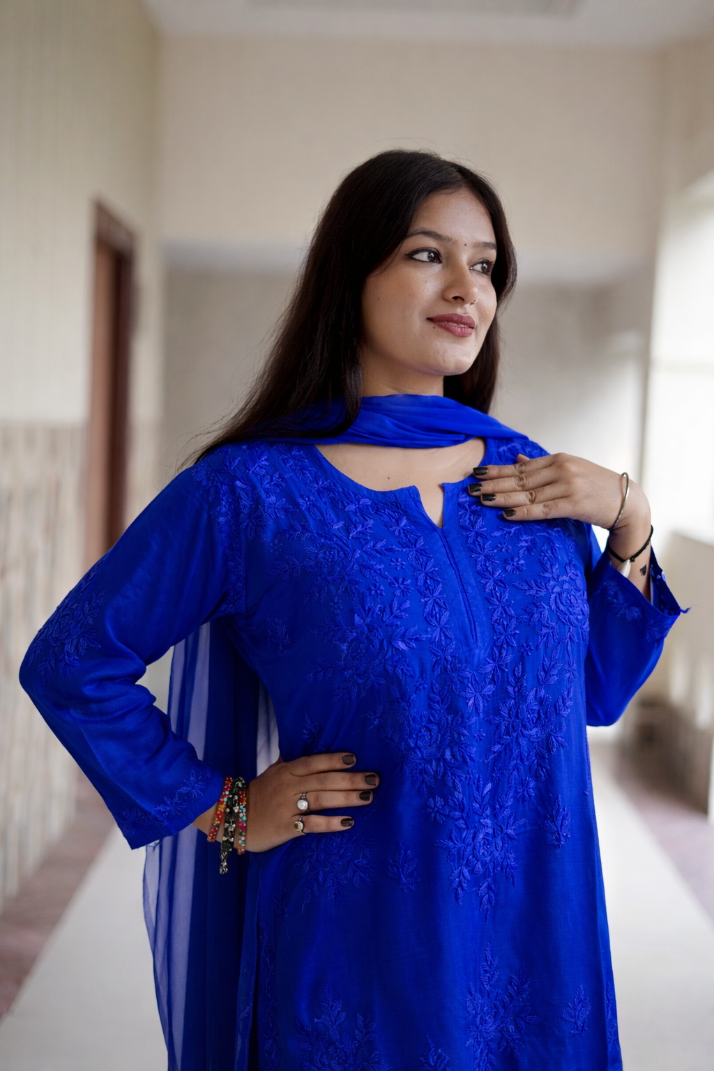 Royal Blue Masleen Kurta Palazzo Dupatta Set  | Handcrafted Chikankari Kurti & Palazzo Set | Varnika Exclusive Chikan