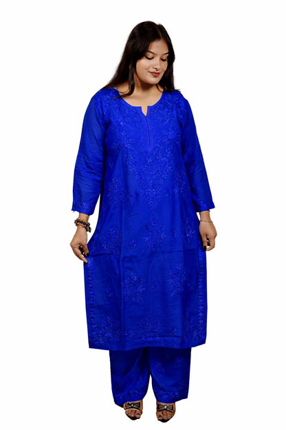 Royal Blue Masleen Kurta Palazzo Dupatta Set  | Handcrafted Chikankari Kurti & Palazzo Set | Varnika Exclusive Chikan