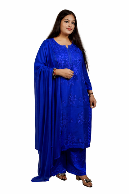 Royal Blue Masleen Kurta Palazzo Dupatta Set  | Handcrafted Chikankari Kurti & Palazzo Set | Varnika Exclusive Chikan