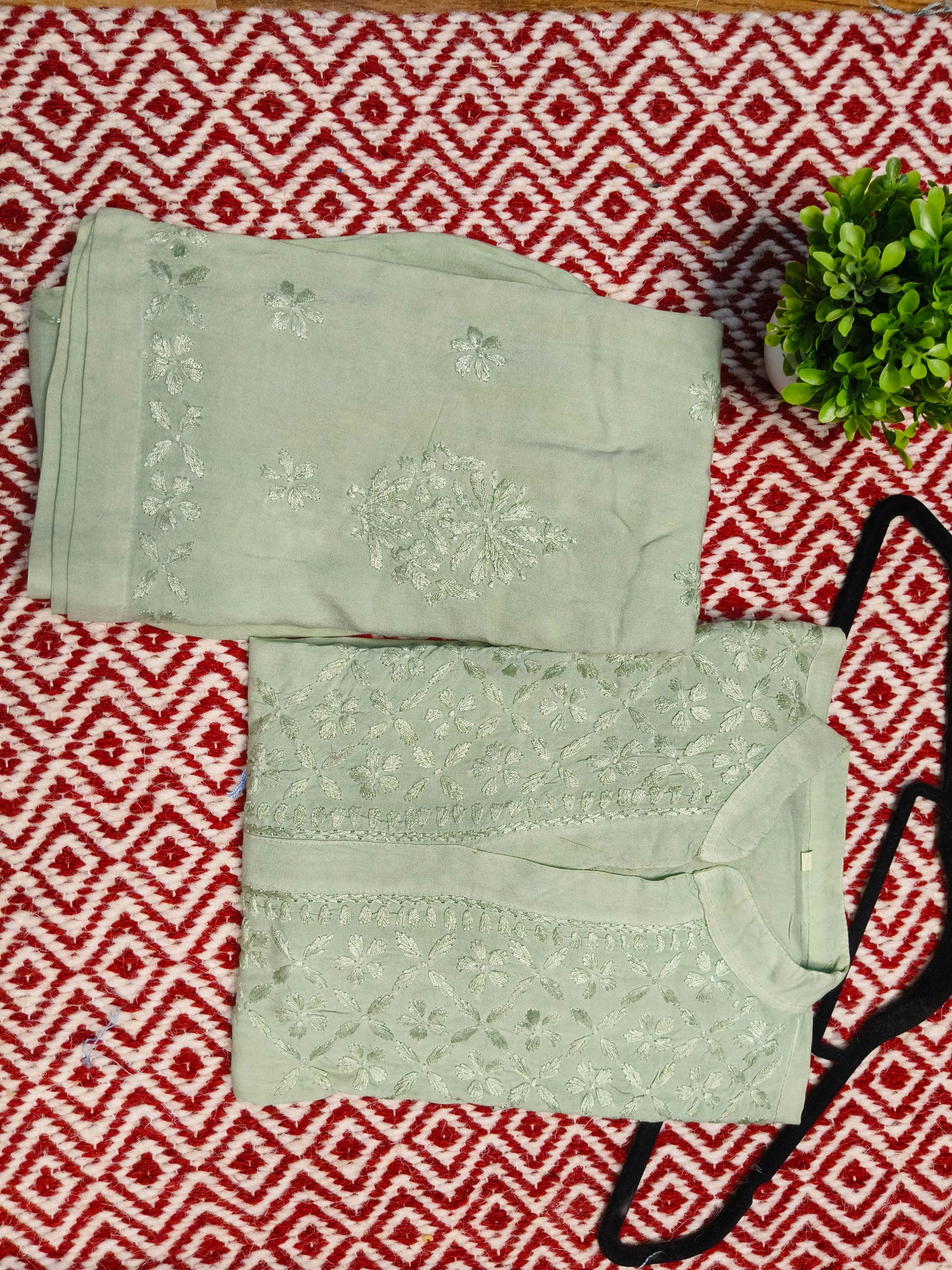 Sage Green Rayon Co-ord Set for Women | Elegant Kurti & Pant Set for Casual, Office & Festive Wear | Varnika Exclusive Chikan