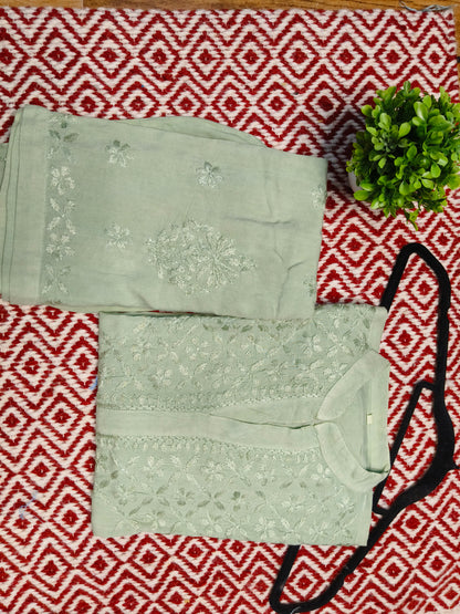 Sage Green Rayon Co-ord Set for Women | Elegant Kurti & Pant Set for Casual, Office & Festive Wear | Varnika Exclusive Chikan