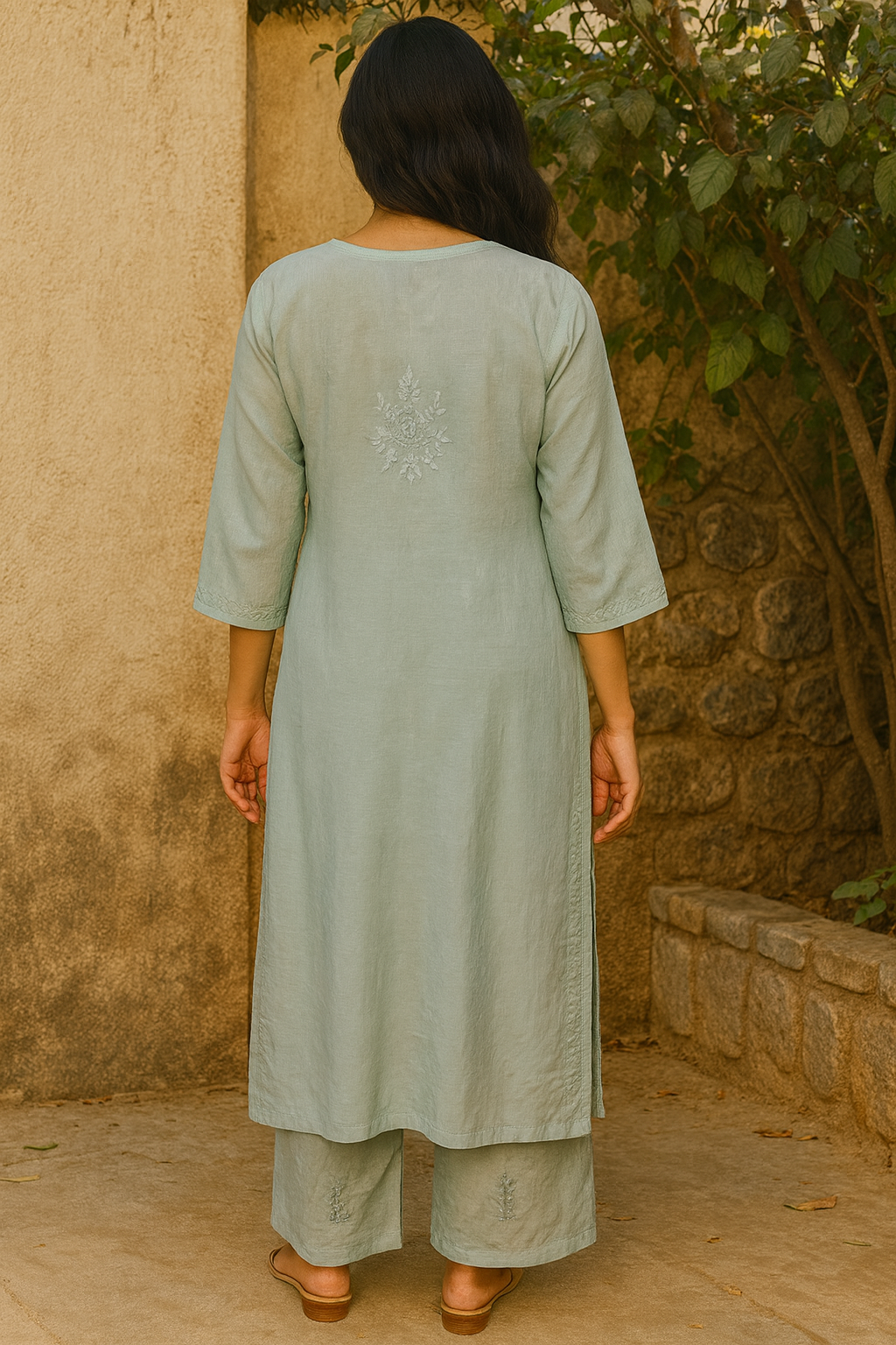 Aqua Marine Masleen Kurta Set with Palazzo | Handcrafted Chikankari Kurti & Palazzo Set | Varnika Exclusive Chikan