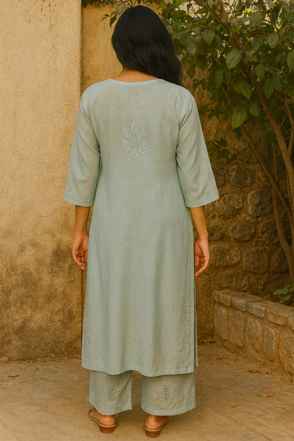 Aqua Marine Masleen Kurta Set with Palazzo | Handcrafted Chikankari Kurti & Palazzo Set | Varnika Exclusive Chikan