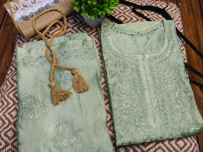 Sage Green Chanderi Kurta Set with Palazzo | Handcrafted Chikankari Embroidery | Varnika Exclusive Chikan