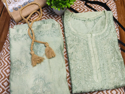 Sage Green Chanderi Kurta Set with Palazzo | Handcrafted Chikankari Embroidery | Varnika Exclusive Chikan