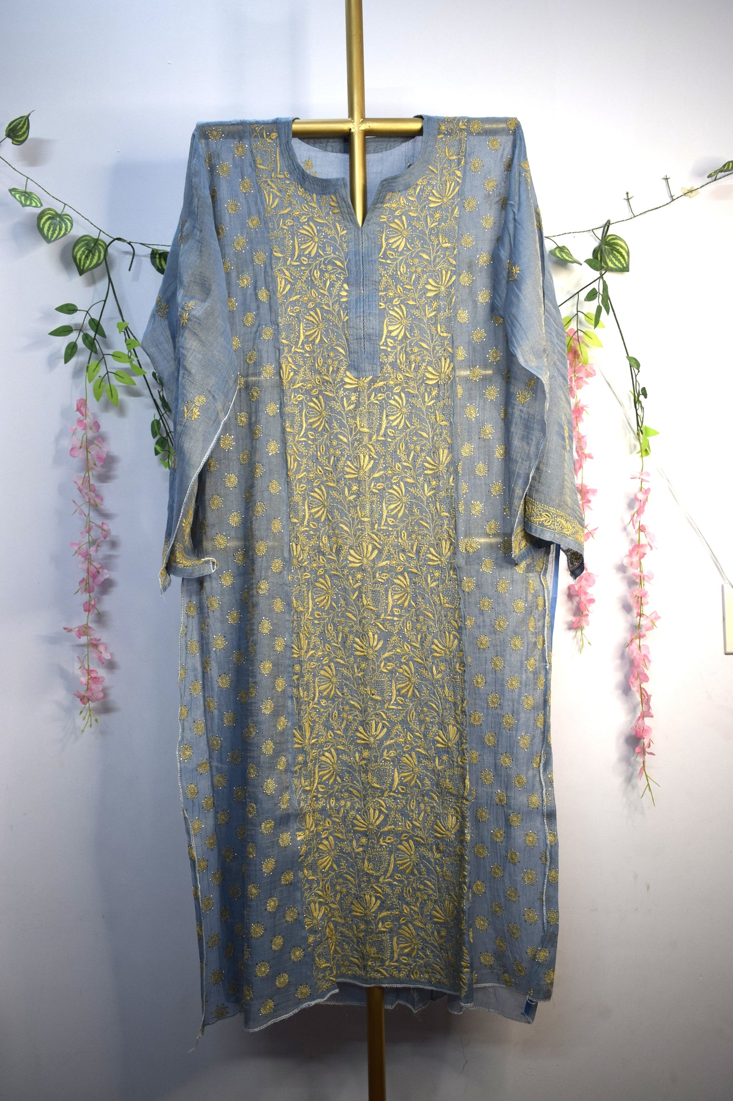 Semi-Stitched Smoky Blue Tissue Suit Set with Golden Thread Embroidery
