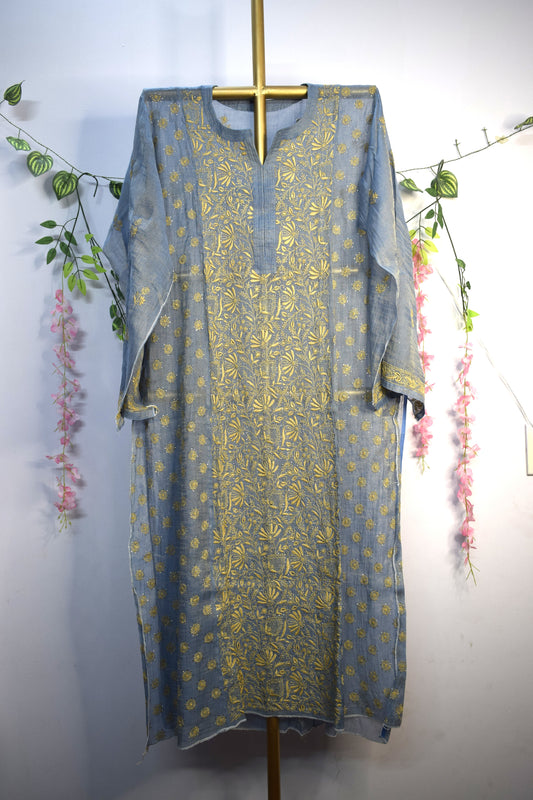 Semi-Stitched Smoky Blue Tissue Suit Set with Golden Thread Embroidery