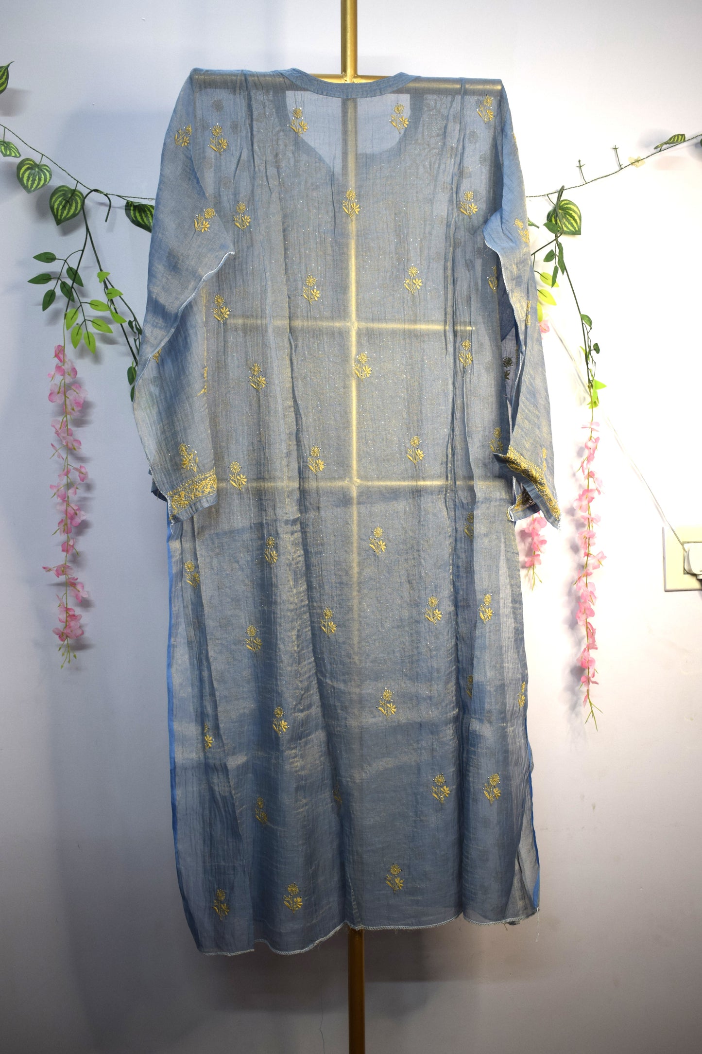 Semi-Stitched Smoky Blue Tissue Suit Set with Golden Thread Embroidery