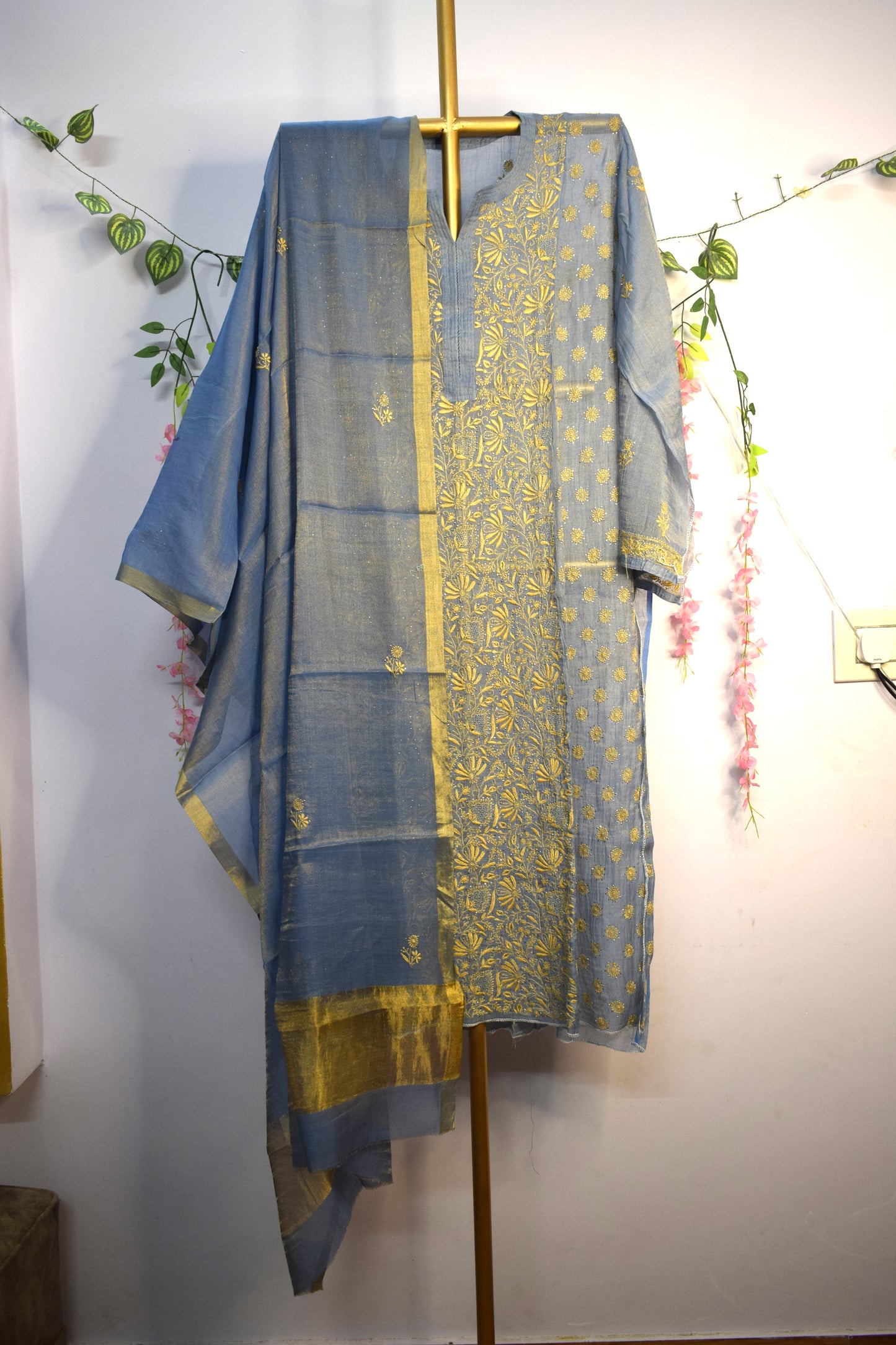 Semi-Stitched Smoky Blue Tissue Suit Set with Golden Thread Embroidery