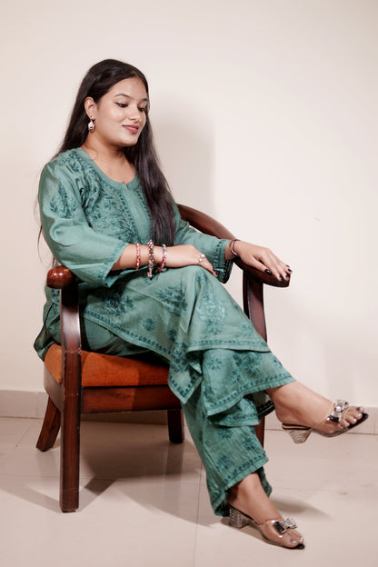 Teal Green Chanderi Kurta Set with Palazzo | Handcrafted Chikankari Embroidery | Varnika Exclusive Chikan