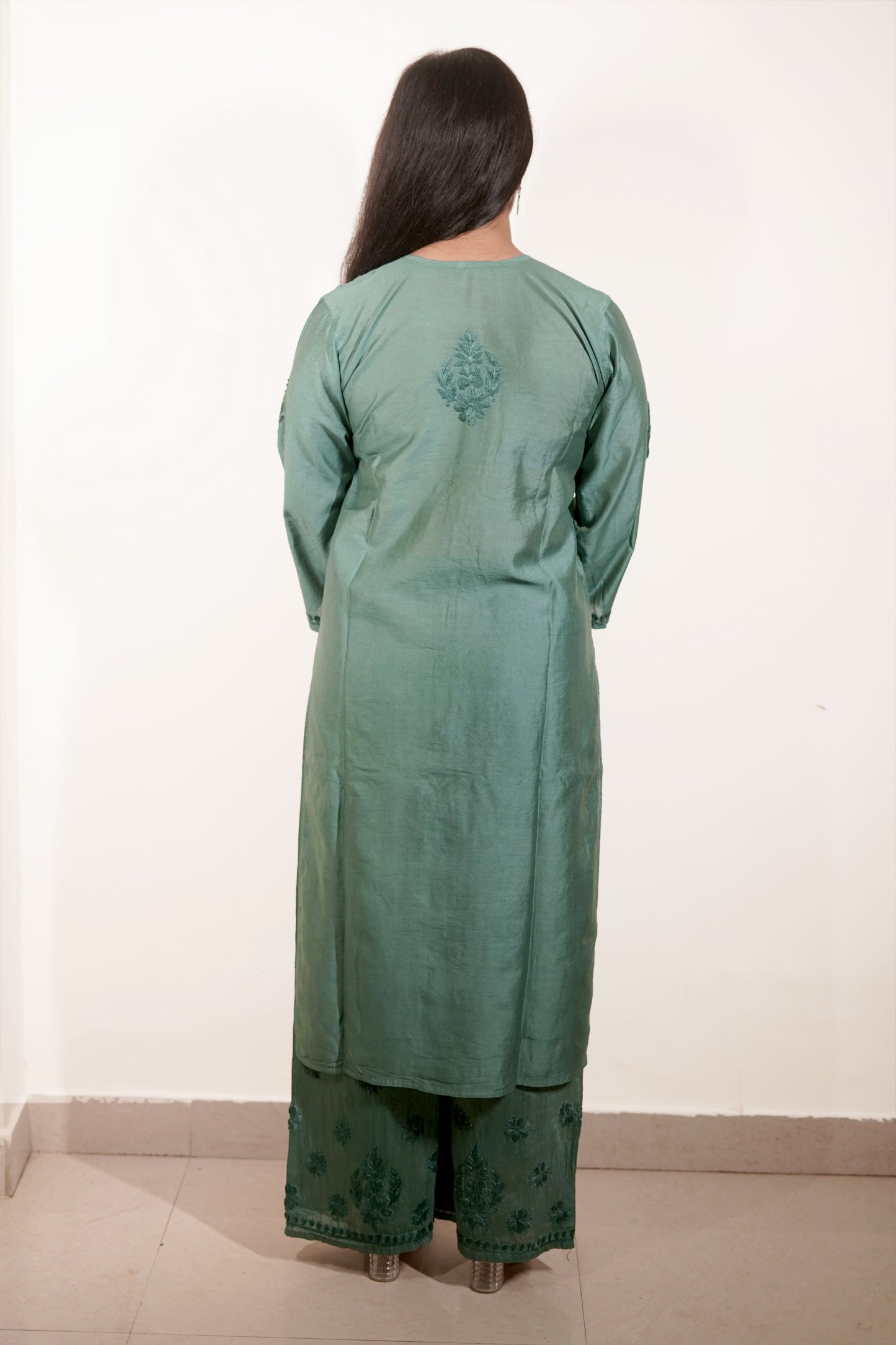 Teal Green Chanderi Kurta Set with Palazzo | Handcrafted Chikankari Embroidery | Varnika Exclusive Chikan