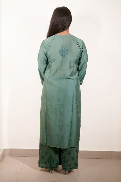 Teal Green Chanderi Kurta Set with Palazzo | Handcrafted Chikankari Embroidery | Varnika Exclusive Chikan