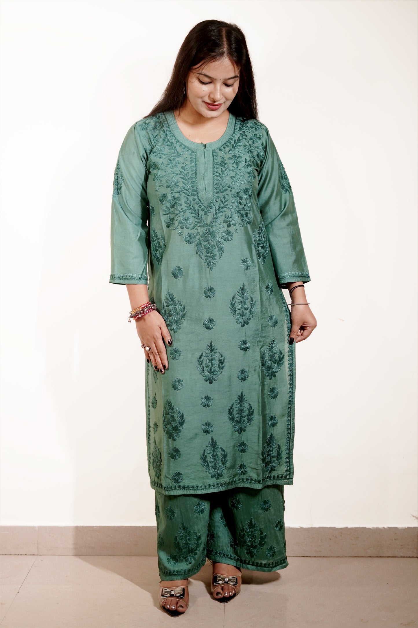 Teal Green Chanderi Kurta Set with Palazzo | Handcrafted Chikankari Embroidery | Varnika Exclusive Chikan