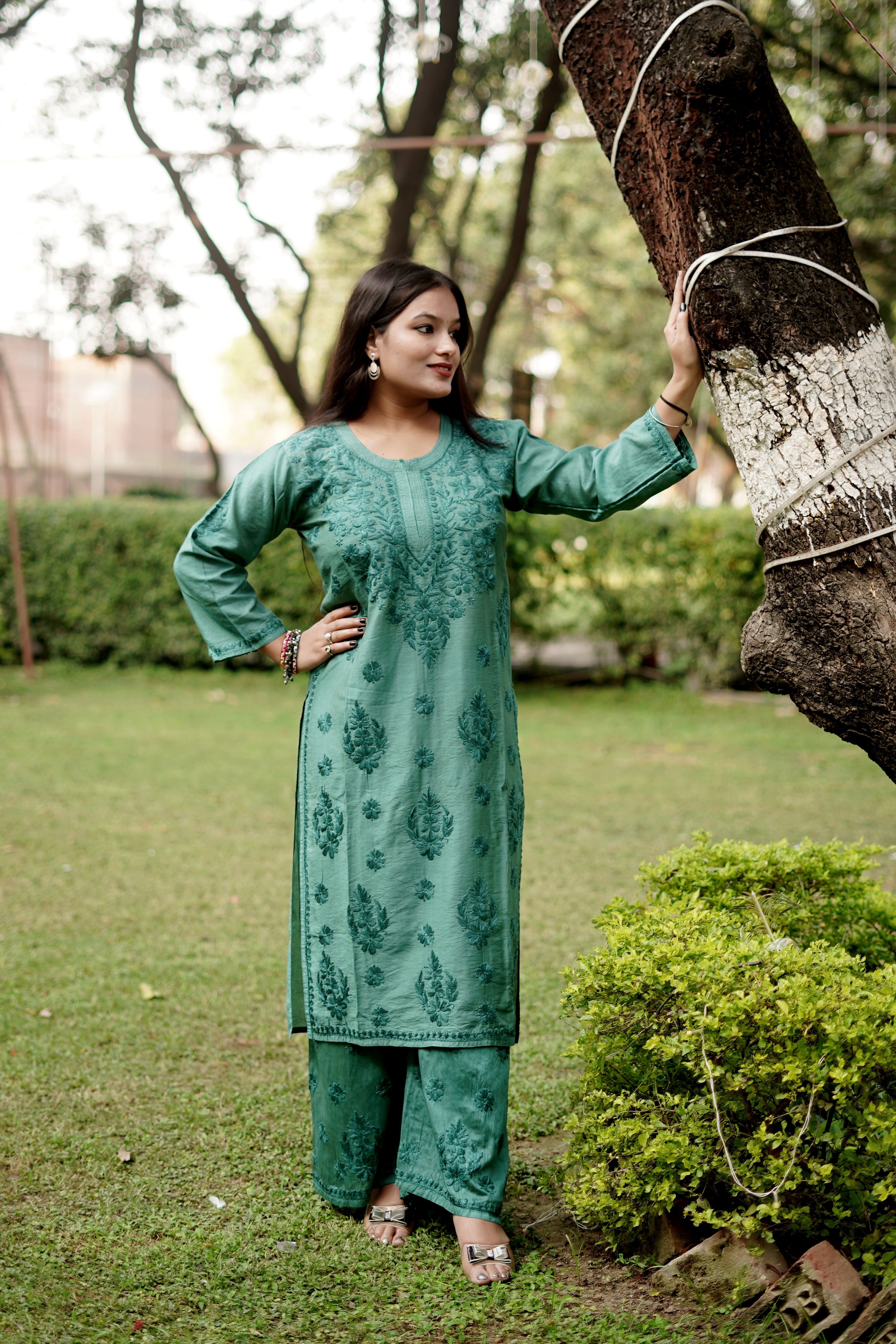 Teal Green Chanderi Kurta Set with Palazzo | Handcrafted Chikankari Embroidery | Varnika Exclusive Chikan