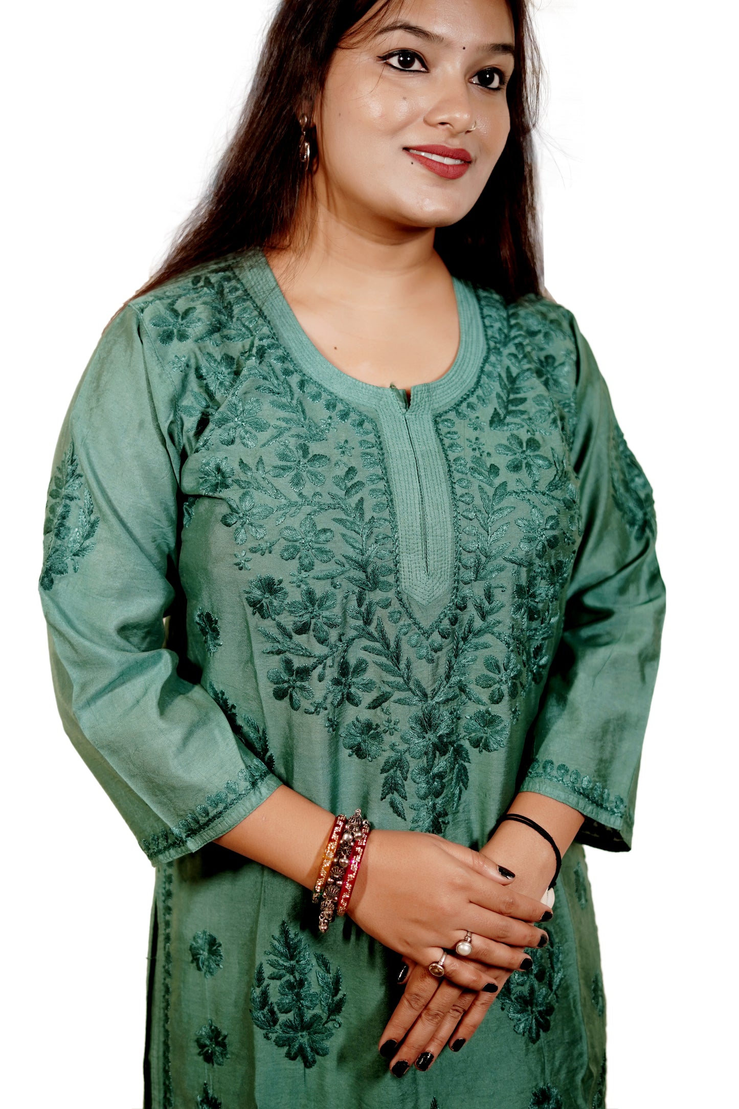 Teal Green Chanderi Kurta Set with Palazzo | Handcrafted Chikankari Embroidery | Varnika Exclusive Chikan