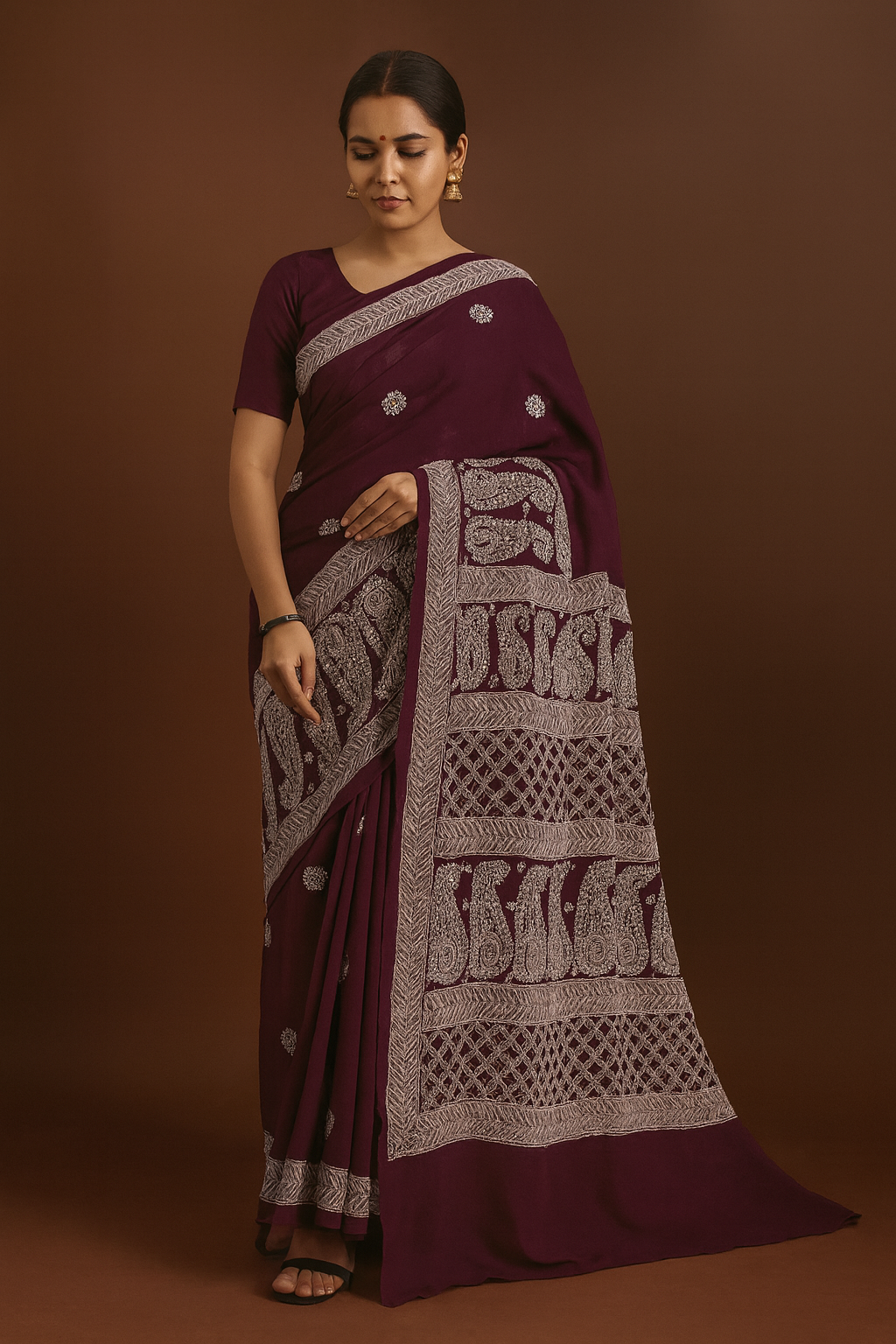 Wine Chikankari Saree with Blouse Piece | Handcrafted Georgette-Cotton Blend