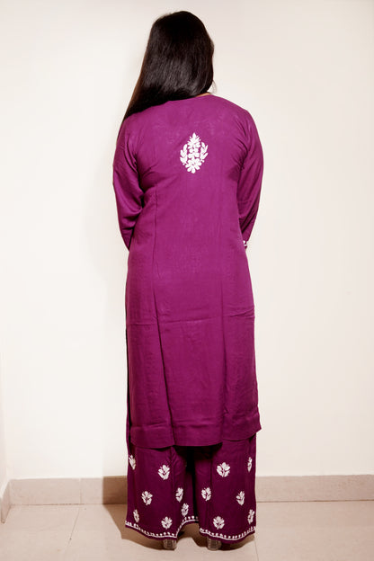 Wine Purple Rayon Chikankari Kurta Set with Ghaspatti & Phanda Embroidery | Varnika Exclusive Chikan