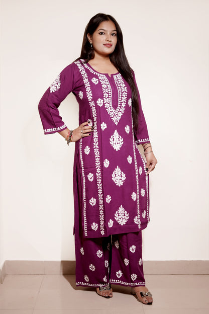 Wine Purple Rayon Chikankari Kurta Set with Ghaspatti & Phanda Embroidery | Varnika Exclusive Chikan