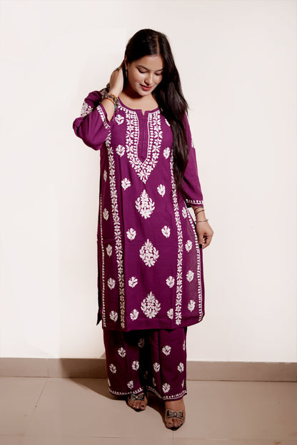 Wine Purple Rayon Chikankari Kurta Set with Ghaspatti & Phanda Embroidery | Varnika Exclusive Chikan
