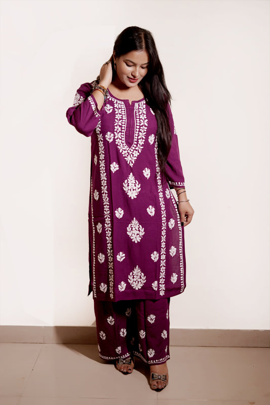 Wine Purple Rayon Chikankari Kurta Set with Ghaspatti & Phanda Embroidery | Varnika Exclusive Chikan
