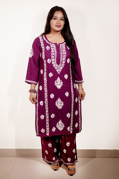 Wine Purple Rayon Chikankari Kurta Set with Ghaspatti & Phanda Embroidery | Varnika Exclusive Chikan
