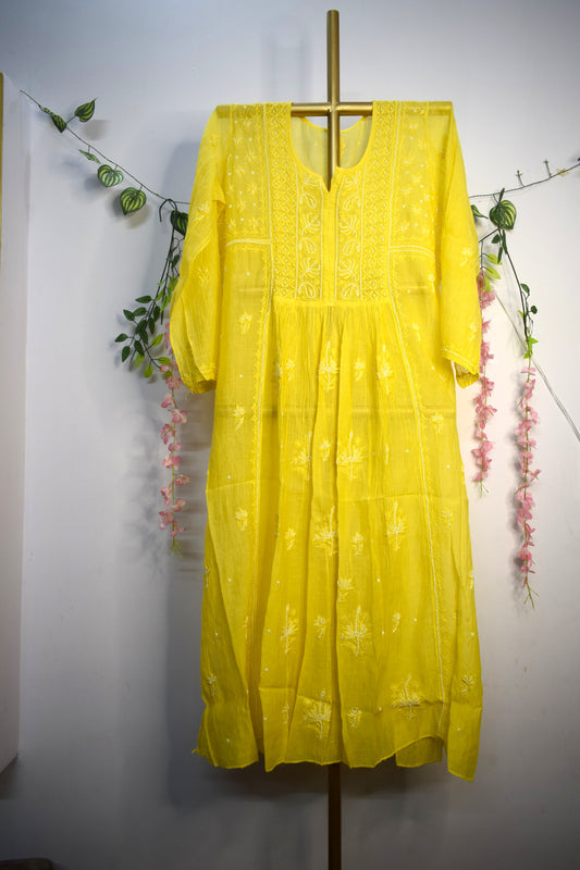 Semi-Stitched Yellow Chanderi Chikankari Gown Set