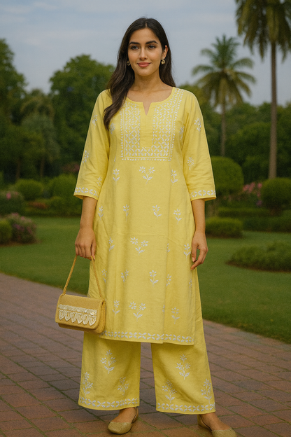 Yellow Rayon Chikankari Kurta Set with Ghaspatti & Phanda Embroidery | Varnika Exclusive Chikan