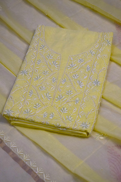 Unstitched Yellow Lemon thread Mul Chanderi Suit Piece with Dupatta