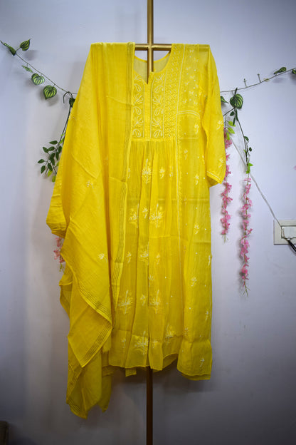 Semi-Stitched Yellow Chanderi Chikankari Gown Set