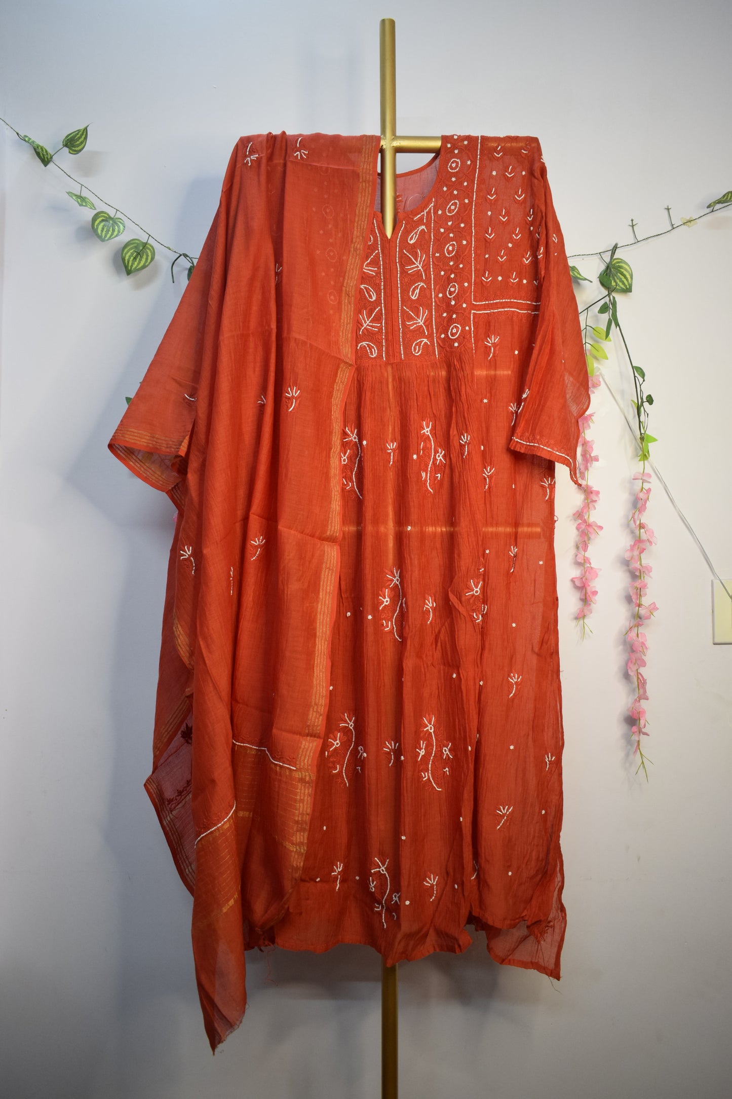 Semi-Stitched Red Chanderi Chikankari Anarkali Kurta Set