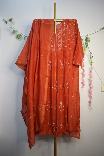Semi-Stitched Red Chanderi Chikankari Anarkali Kurta Set