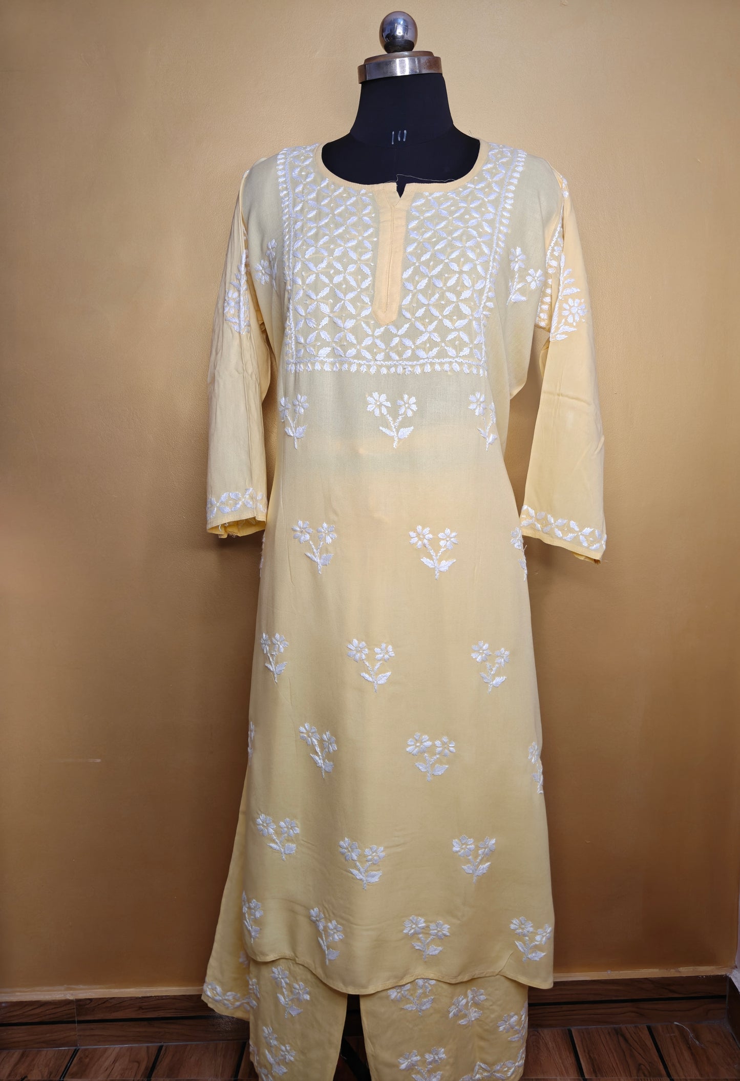 Yellow Rayon Chikankari Kurta Set with Ghaspatti & Phanda Embroidery | Varnika Exclusive Chikan