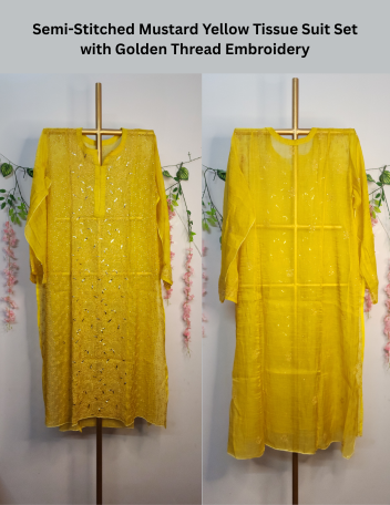 Semi-Stitched Mustard Yellow Tissue Suit Set with Golden Thread Embroidery