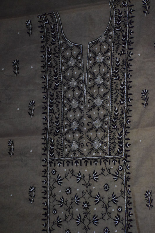 Unstitched Beige Mulmul Chanderi Suit Piece with Dupatta