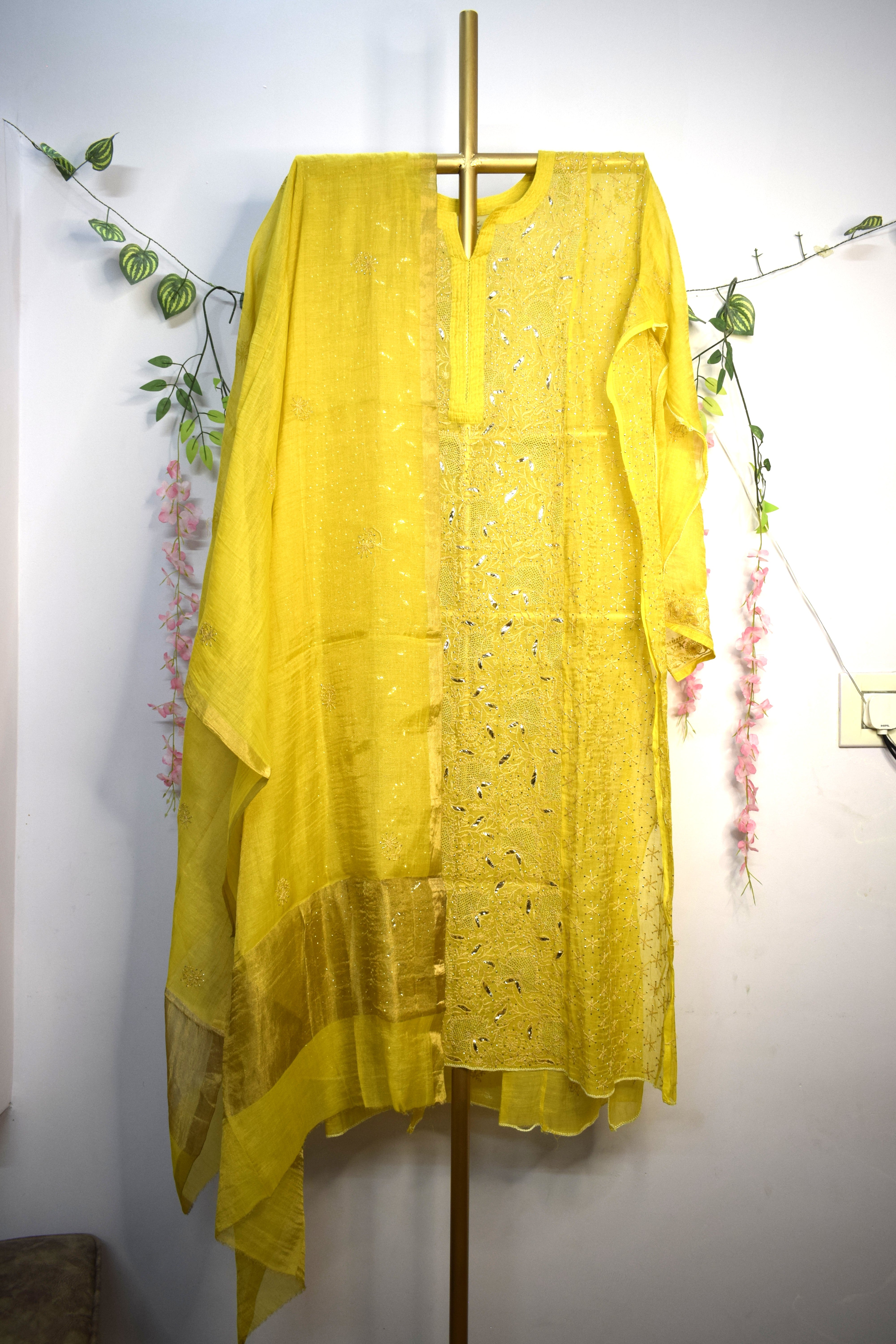 Semi-Stitched Mustard Yellow Tissue Suit Set with Golden Thread Embroidery