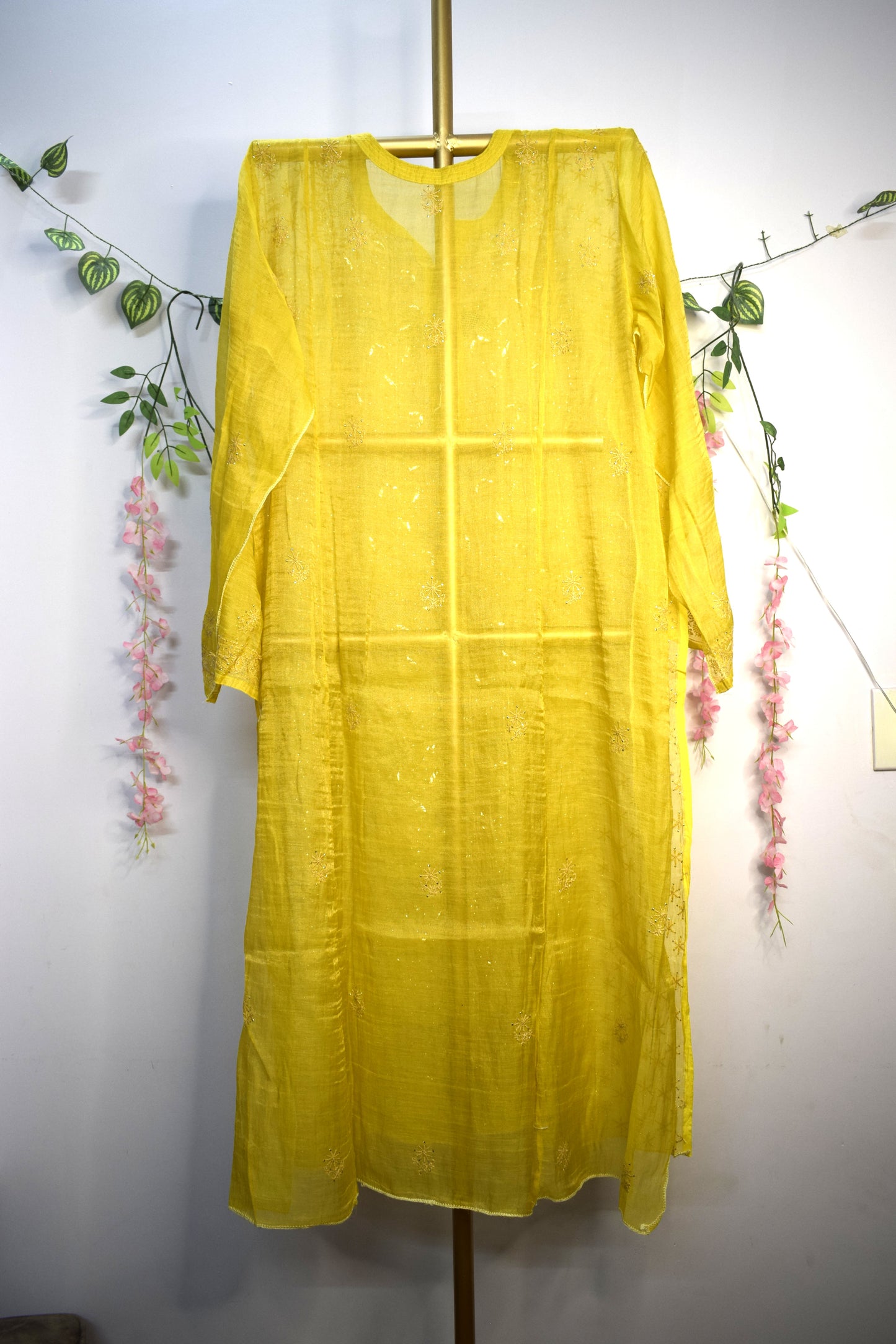 Semi-Stitched Mustard Yellow Tissue Suit Set with Golden Thread Embroidery
