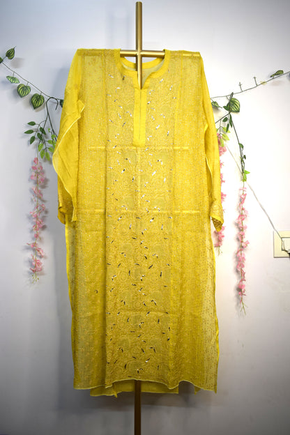 Semi-Stitched Mustard Yellow Tissue Suit Set with Golden Thread Embroidery