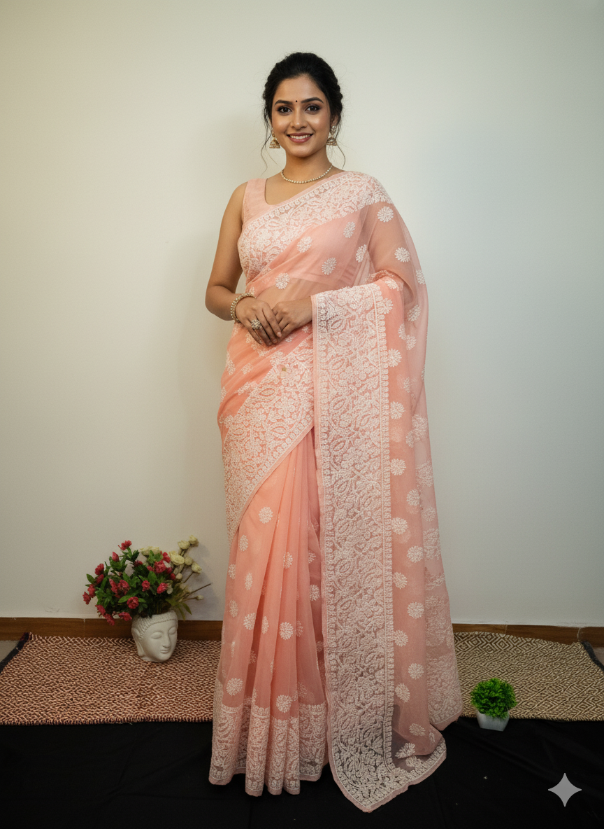 Peach Chikankari Saree with Blouse Piece | Handcrafted Georgette-Cotton Blend