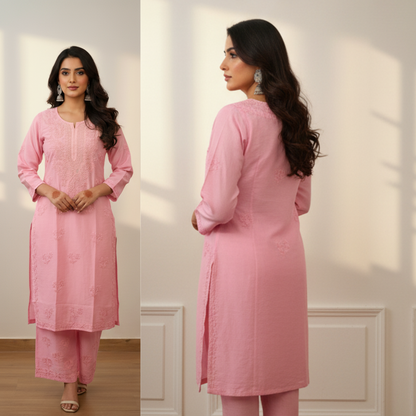 Pink Chanderi Kurta Set with Palazzo | Handcrafted Chikankari Embroidery | Varnika Exclusive Chikan